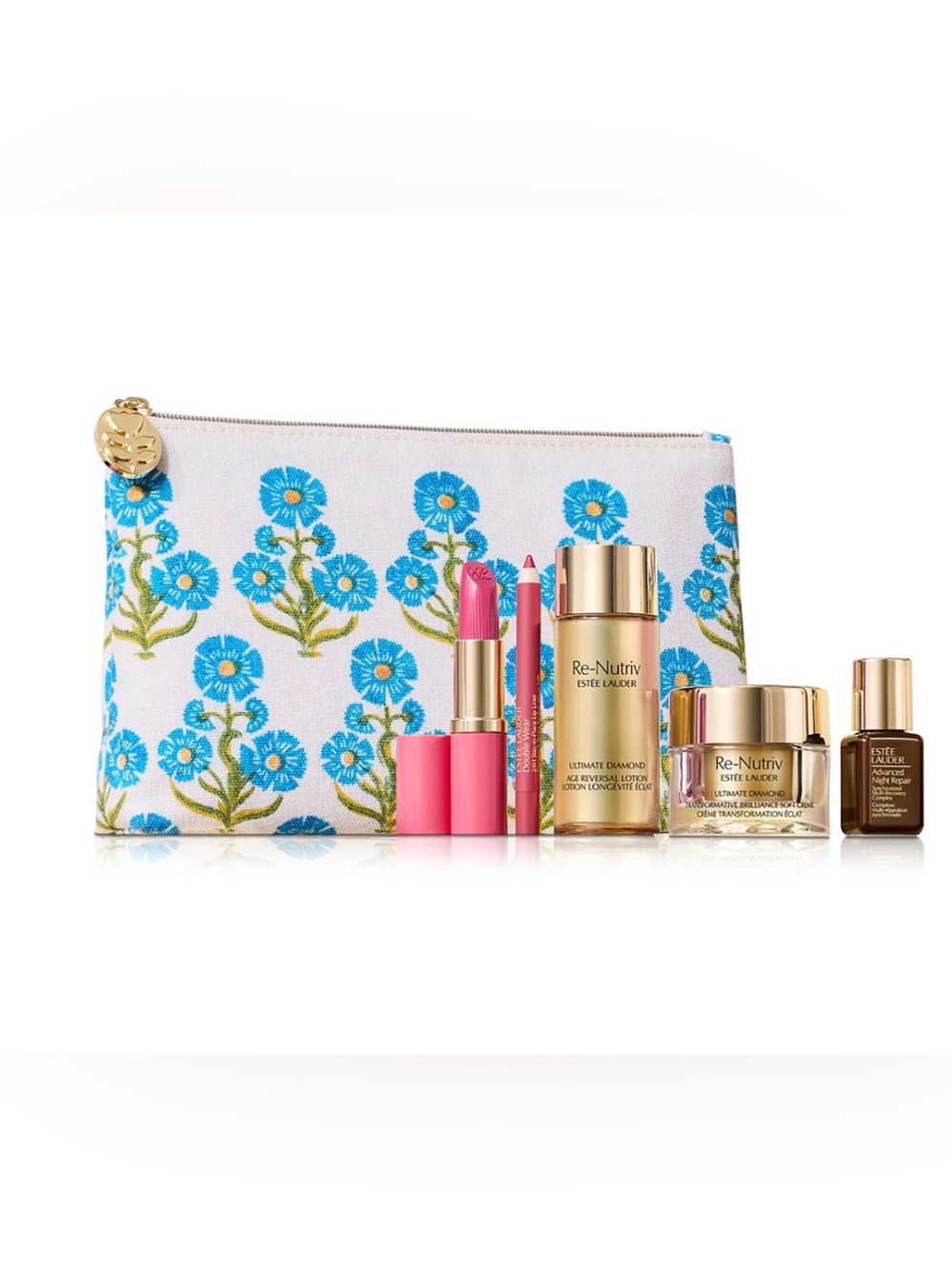 Estee Lauder set face cream serum lipstick lip liner new with cosmetic bag